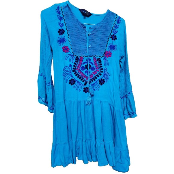 Riviera Sun Tops - Vintage Bright Blue Embroidered Hippie Boho Peasant Top Size Medium Riviera Sun